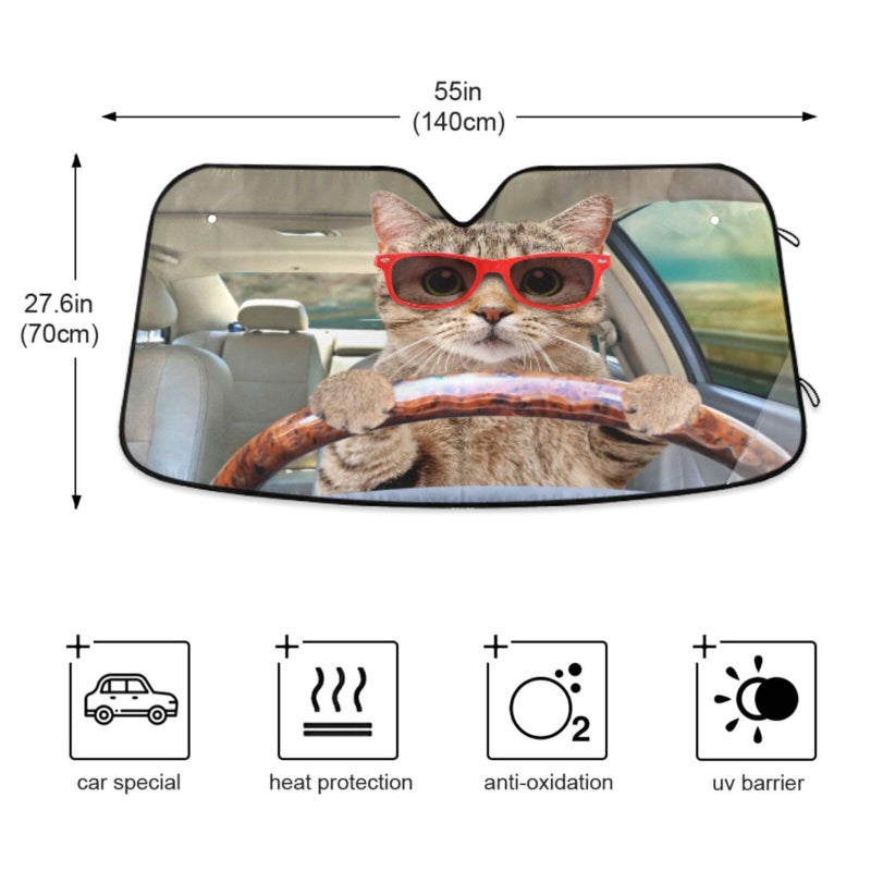 Oarencol Fun Cute Cat Driving Car Windshield Sun Shade Foldable UV Ray Sun Visor Protector Sunshade to Keep Your Vehicle Cool (55" x 27.6") - Image 3